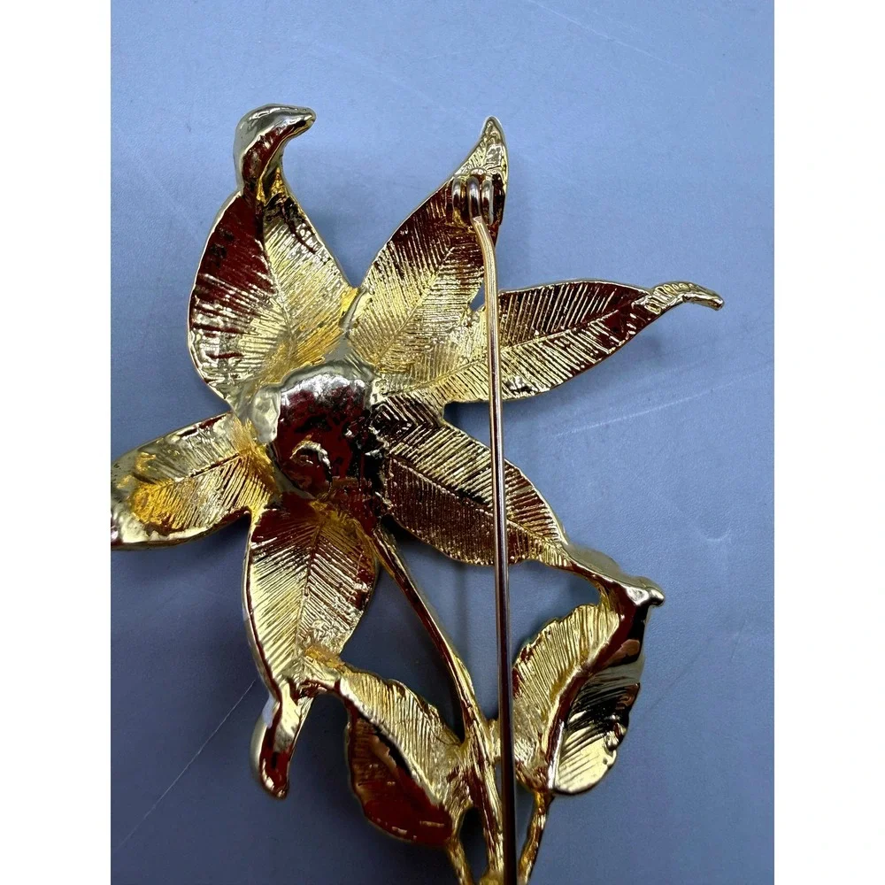 Set of 2 Floral Enamel Brooches Gold Tone Faux Pearl Rhinestone Flower Pins
